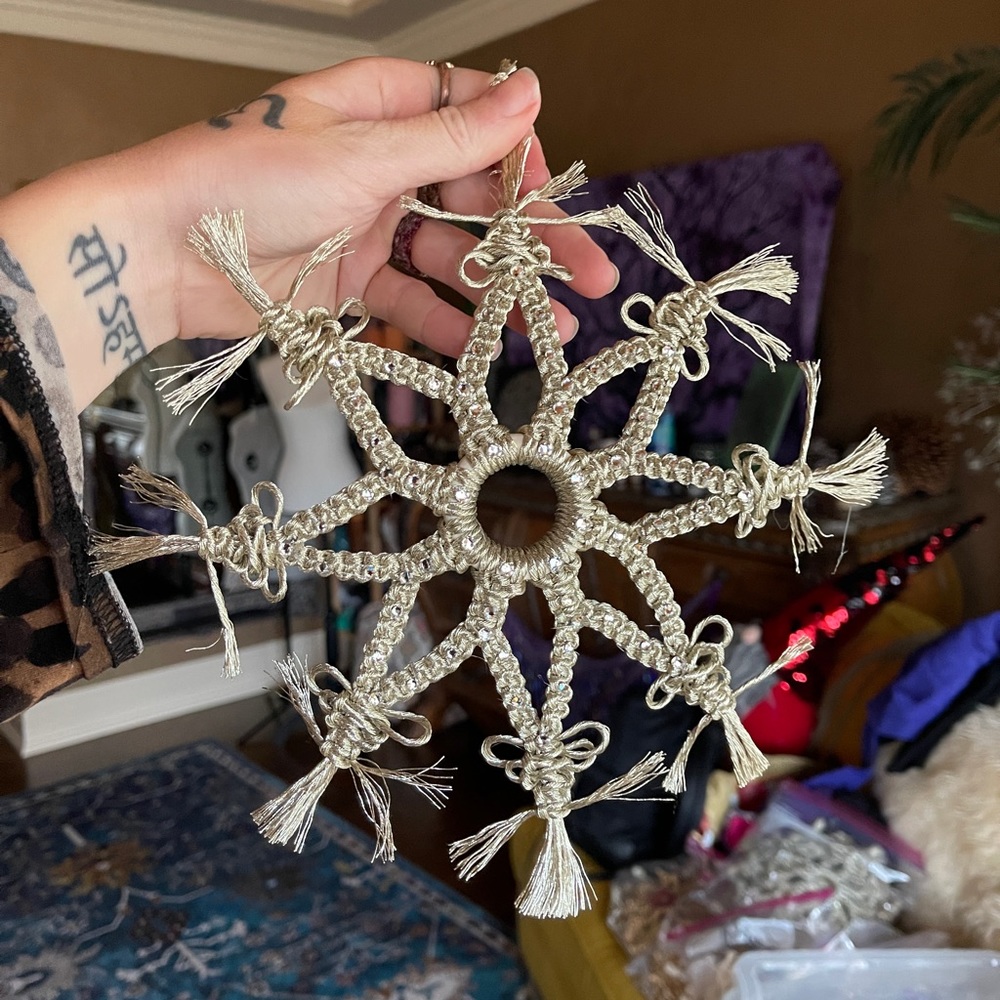 Handmade Macramé Metallic Silver Snowflake